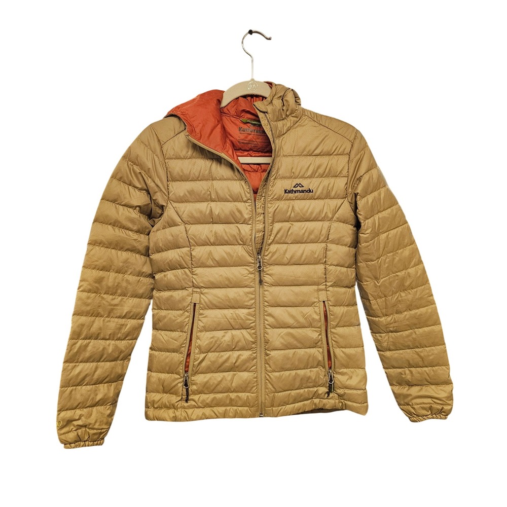 Kathmandu Womens 550 Down Puffer Jacket Tan Khaki Packable Hooded Size 8